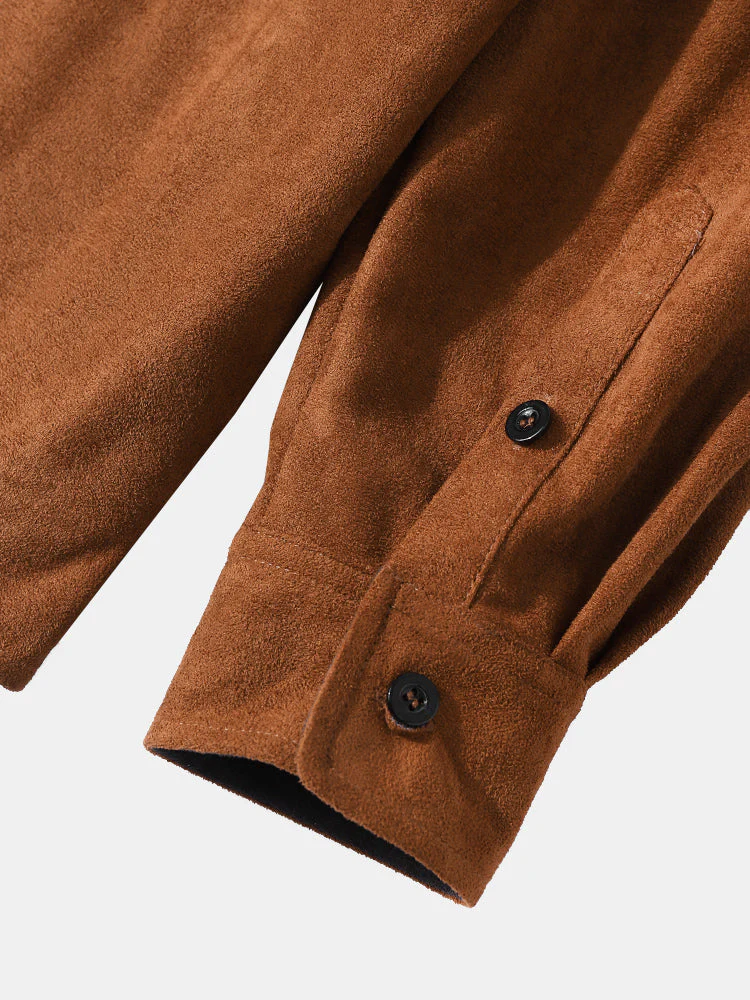 Mens Faux Suede Flap Pocket Lapel Solid Casual Long Sleeve Shirts - Image 8