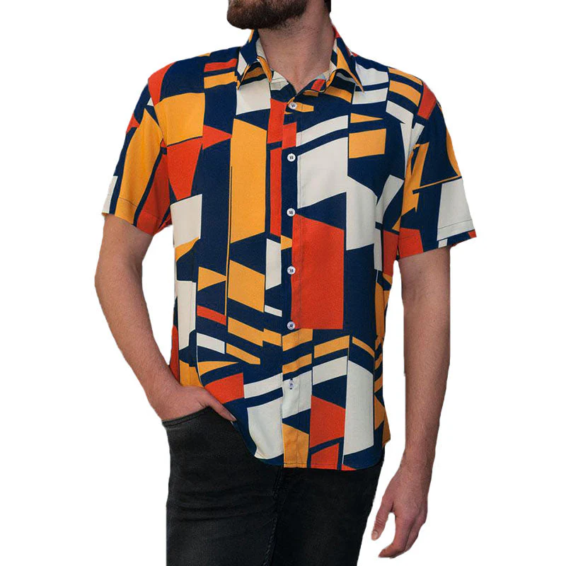 Mens Geometric Colorful Block Printed Short Sleeve Shirt - Image 3
