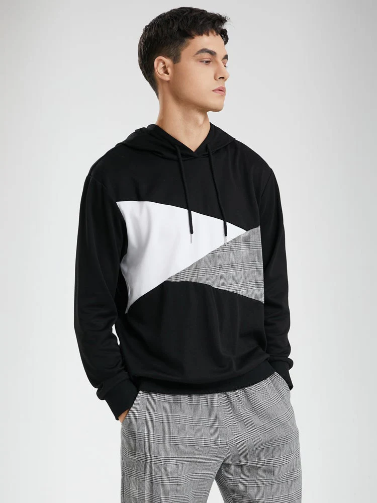 Mens Glen Plaid Stitching Drawstring Hoodie Casual Long Two Pieces Outfits - Image 5