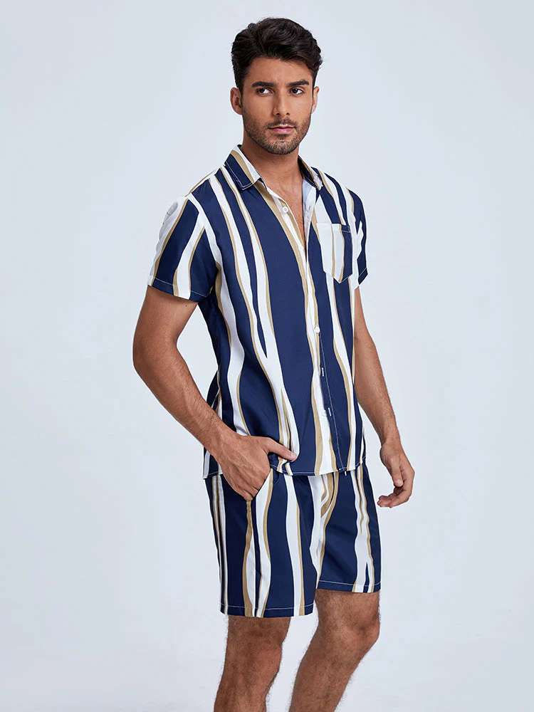 Mens Holiday Striped Chest Pocket Lapel Short Sleeve Drawstring Shorts Two Pieces Outfits - Image 4