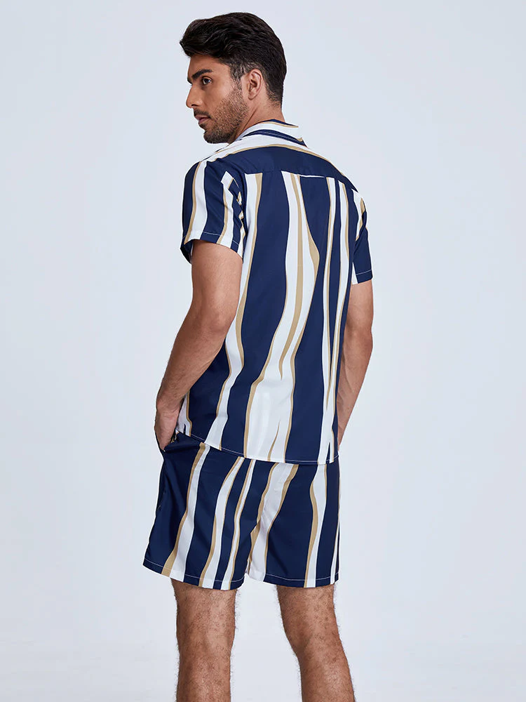 Mens Holiday Striped Chest Pocket Lapel Short Sleeve Drawstring Shorts Two Pieces Outfits - Image 6