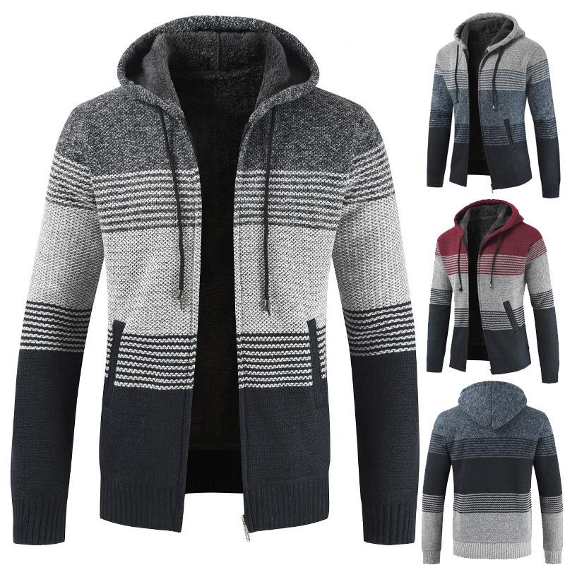 Mens Hooded Sweater Cardigan Loose Plus Fleece Thicken Colorblock Knit Sweater Jacket - Image 10