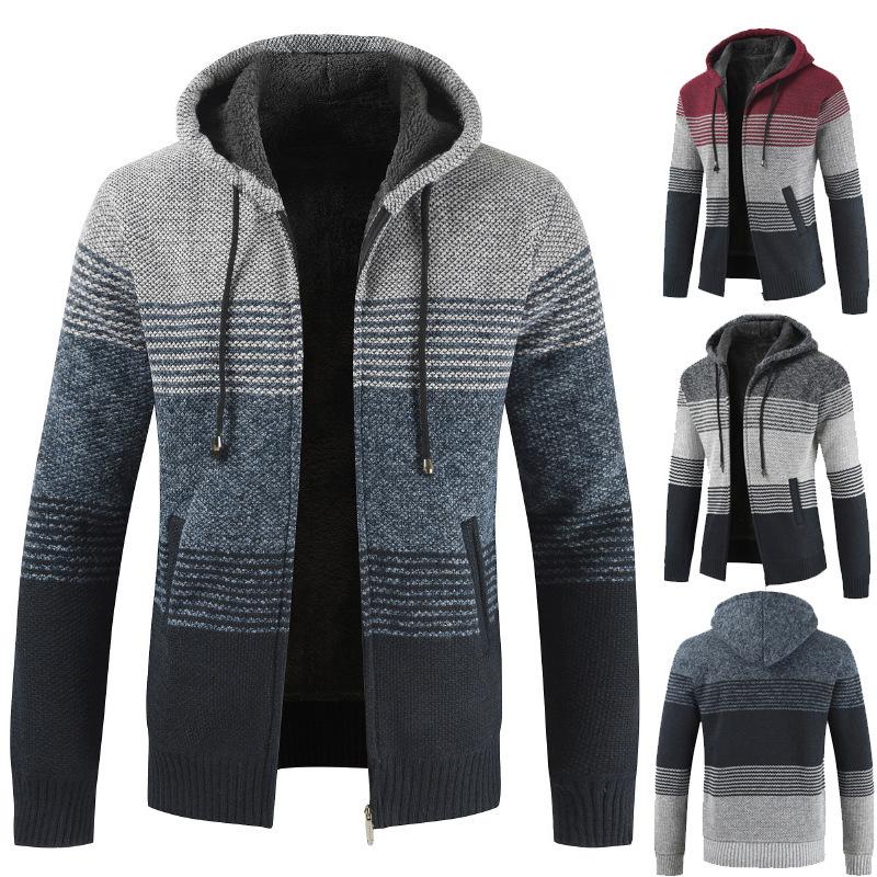 Mens Hooded Sweater Cardigan Loose Plus Fleece Thicken Colorblock Knit Sweater Jacket - Image 8