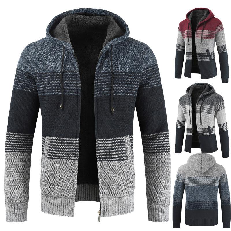 Mens Hooded Sweater Cardigan Loose Plus Fleece Thicken Colorblock Knit Sweater Jacket - Image 9