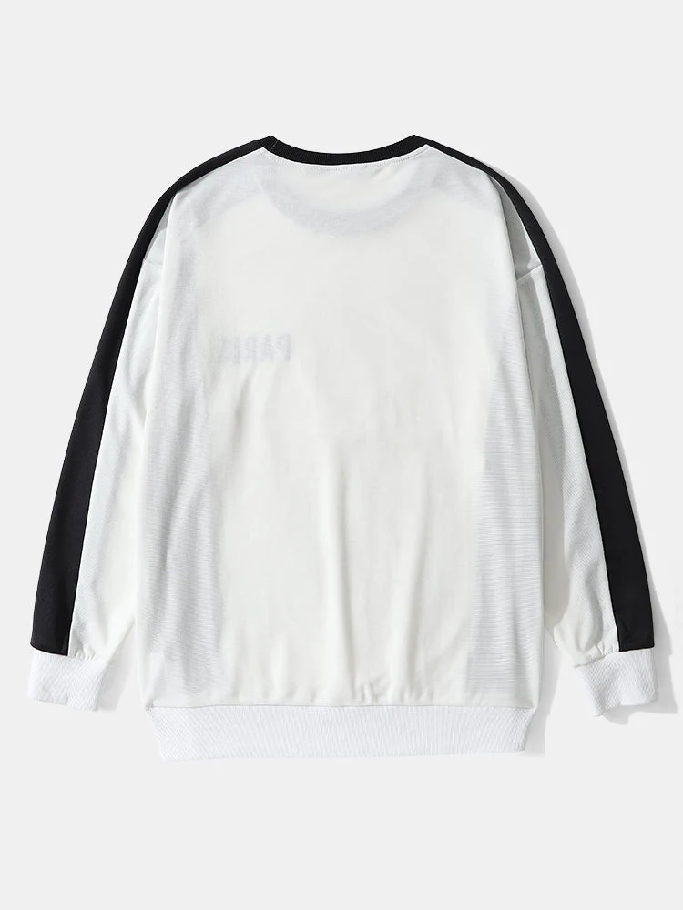 Mens Letter Embroidery Block Stripe Patchwork Sweatshirt Preppy Two Pieces Outfits - Image 4