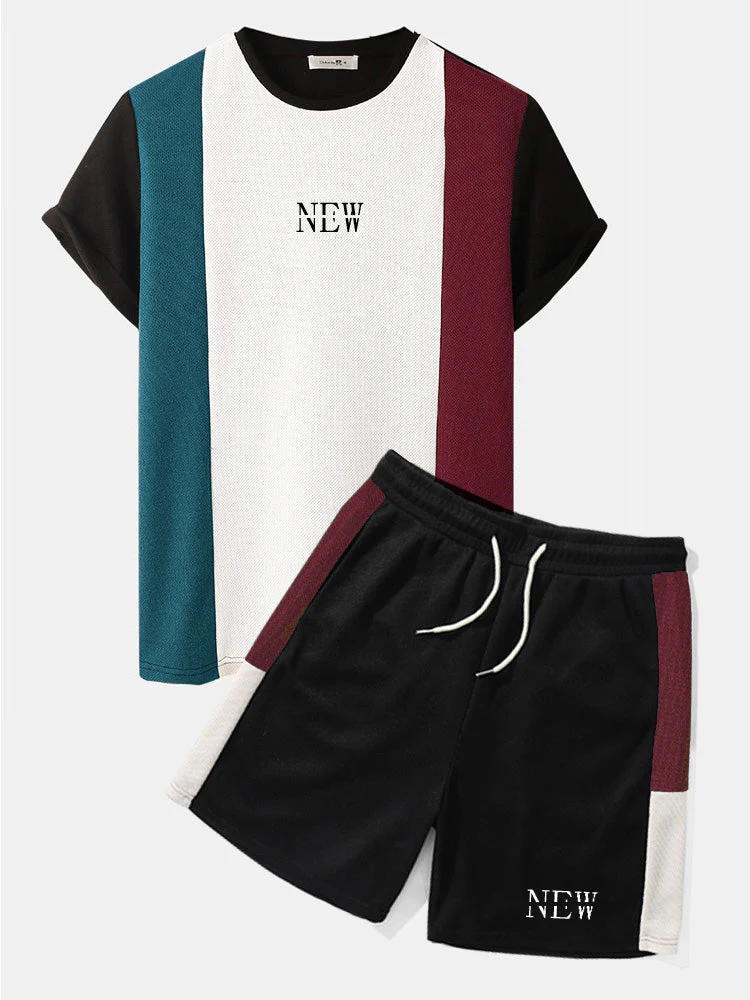 Mens Letter Print Knitted Patchwork Crew Neck Short Sleeve Two Pieces Outfits SKUI05043 - Image 3