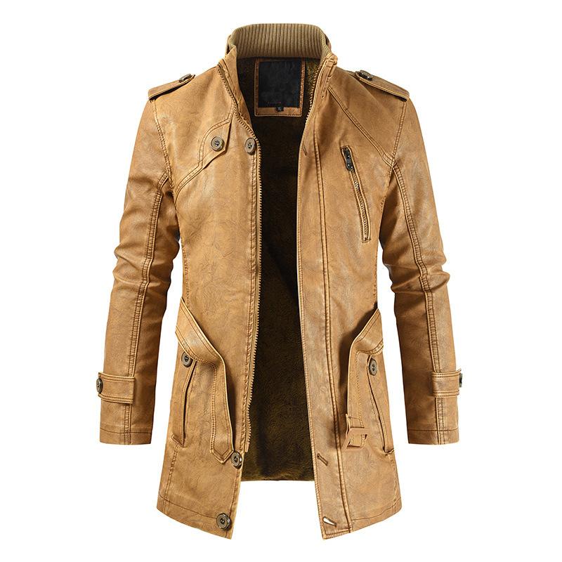 Mens Mid-Length Casual Stand-Collar Slim Leather Jacket - Image 2