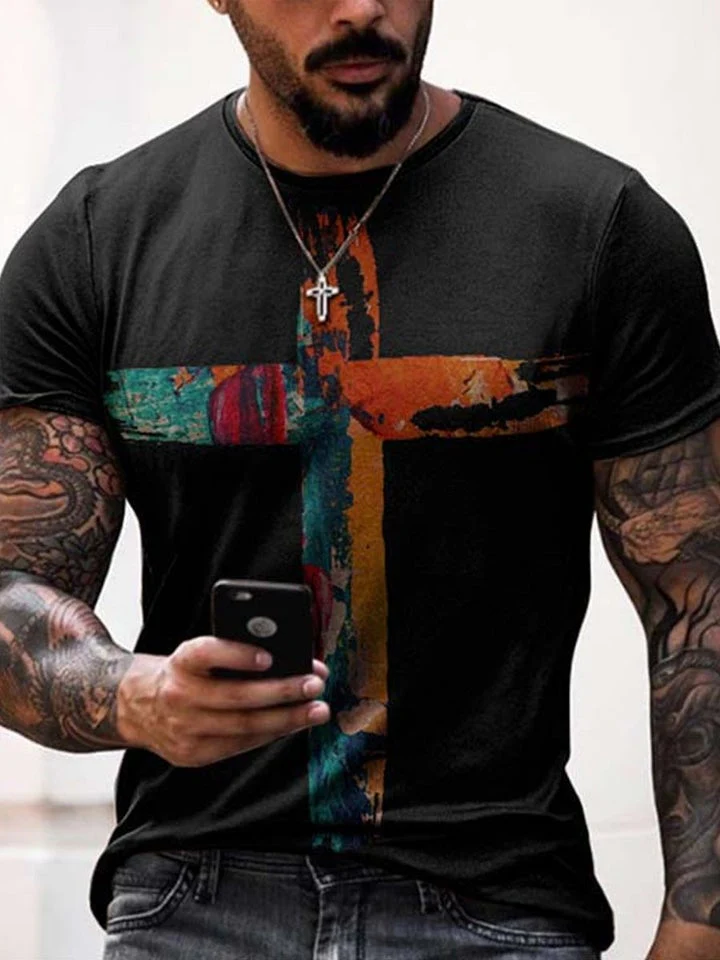 Men's oil painting faith Jesus cross print casual T-shirt - Image 3