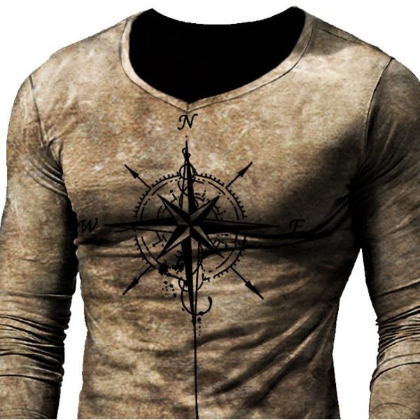 Men'S Outdoor Compass Print  V-Neck Long Sleeve Shirt - Image 3