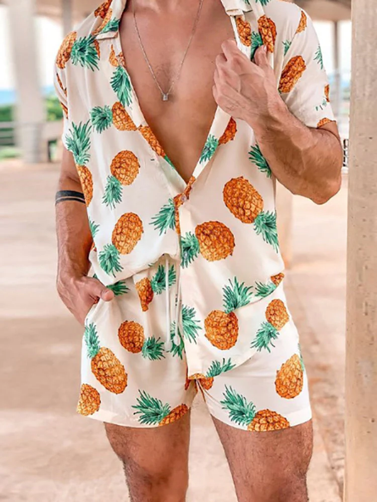 Mens Pineapple Pattern Print Casual Loungewear Comfy Breathable Button Drawstring Outfits Set - Image 6