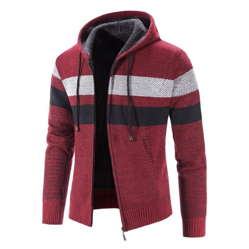 Mens Plus Fleece Sweater Cardigan Plus Size Hooded Striped Stitching Jacket - Image 2