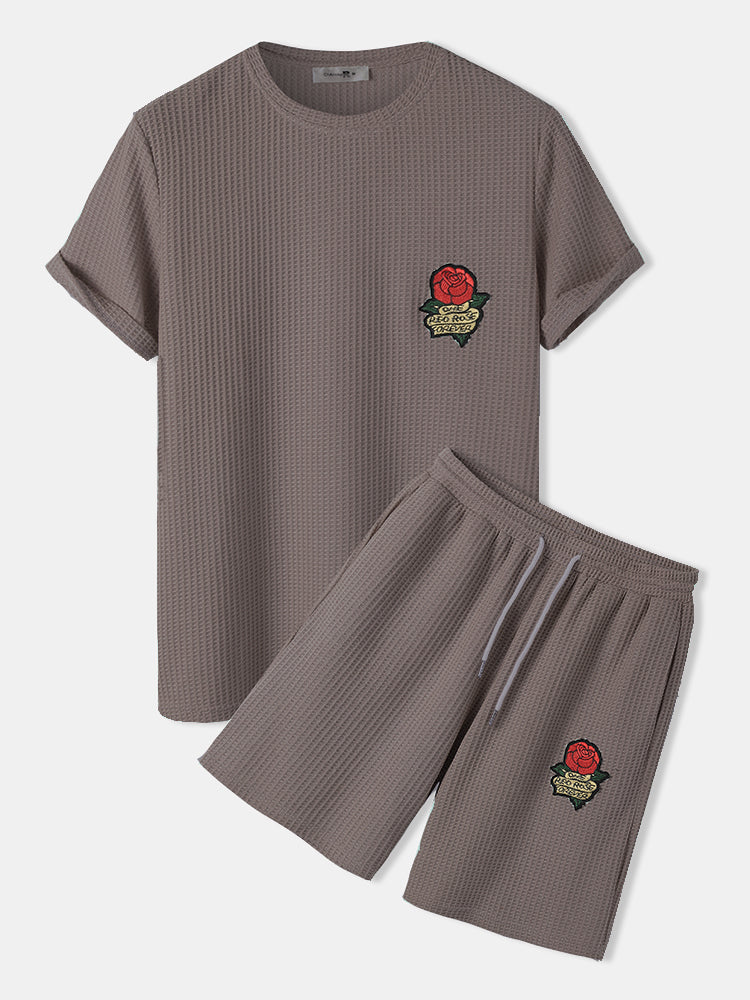 Mens Rose Embroidery Patched Knitted Short Sleeve T-Shirt & Shorts Casual Co-ords - Image 2