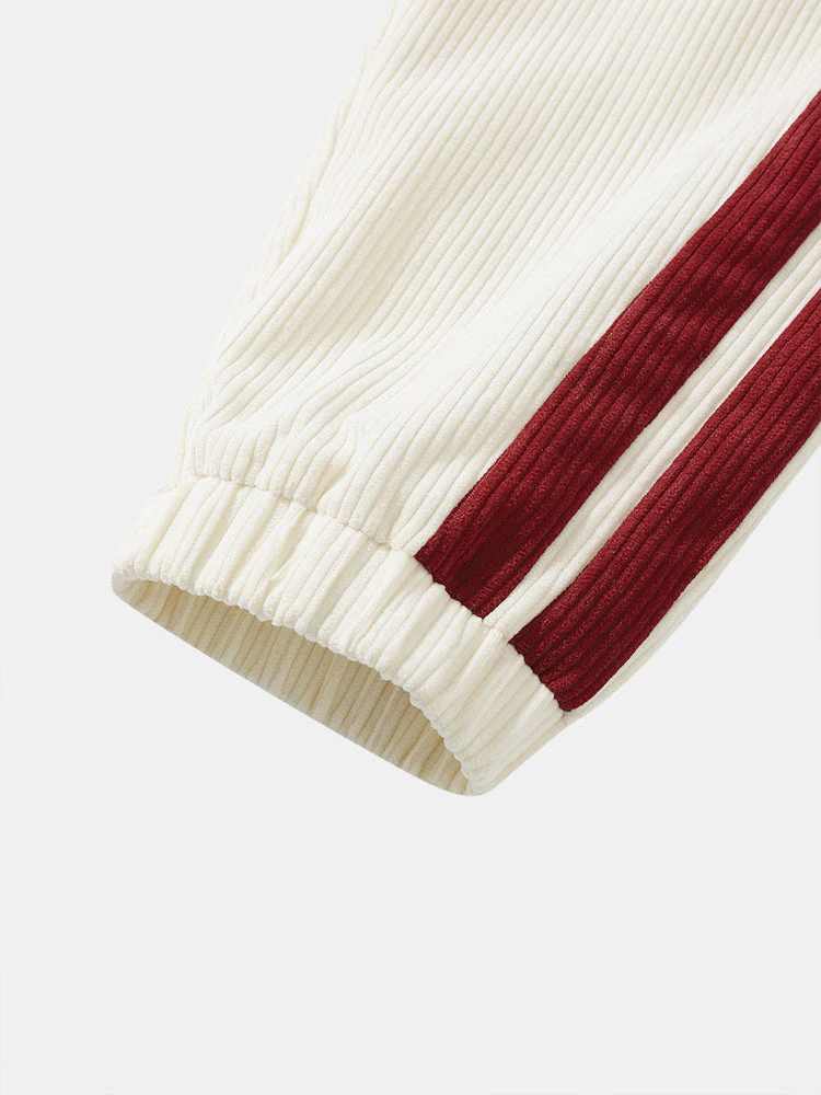 Mens Side Stripe Letter Embroidered Zip Jacket Corduroy Two Pieces Outfits - Image 11