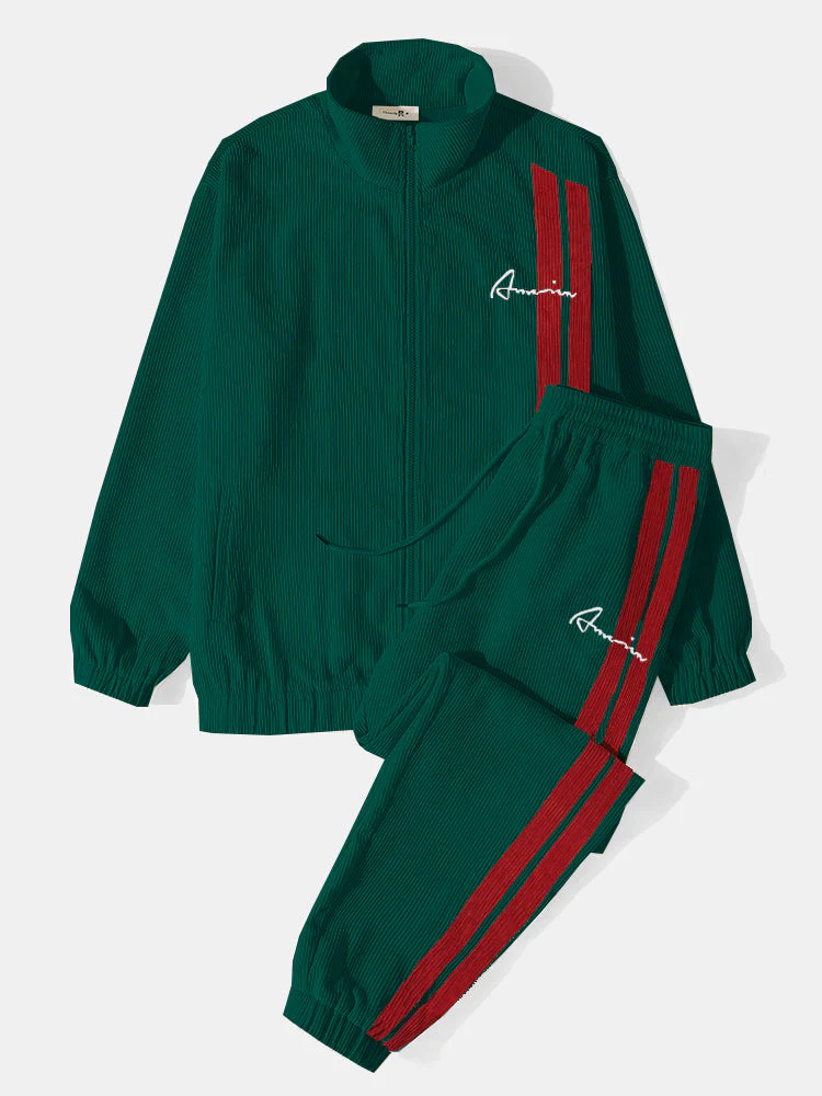 Mens Side Stripe Letter Embroidered Zip Jacket Corduroy Two Pieces Outfits - Image 14
