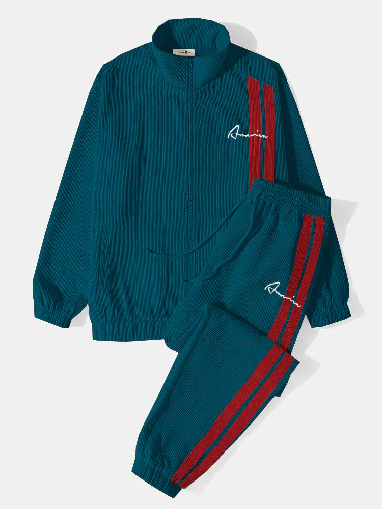 Mens Side Stripe Letter Embroidered Zip Jacket Corduroy Two Pieces Outfits - Image 15