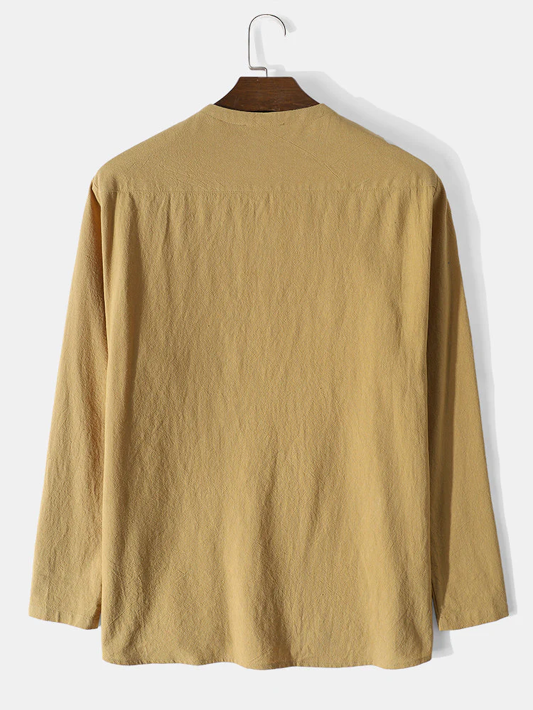 Mens Simple Solid 100% Cotton V-Neck Long Sleeve Shirt - Image 4