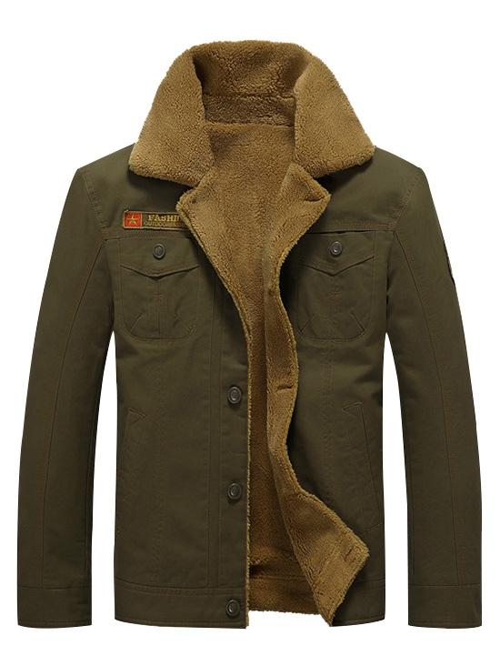 Men's Solid Color Appliques Button Up Plush Jacket Coat - Image 13