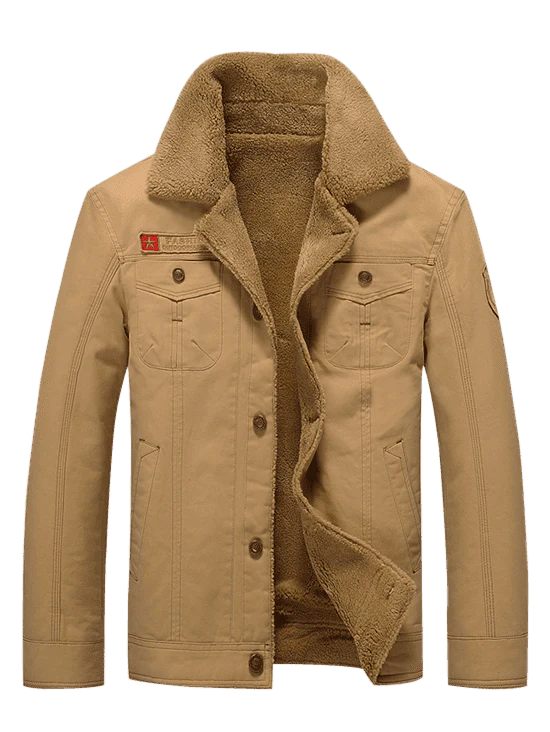 Men's Solid Color Appliques Button Up Plush Jacket Coat - Image 6