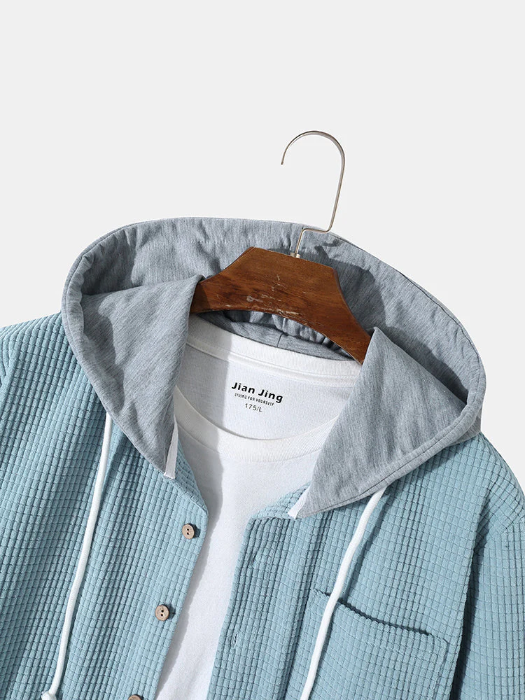 Mens Solid Color Corduroy Long Sleeve Contrast Drawstring Hooded Shirts - Image 10