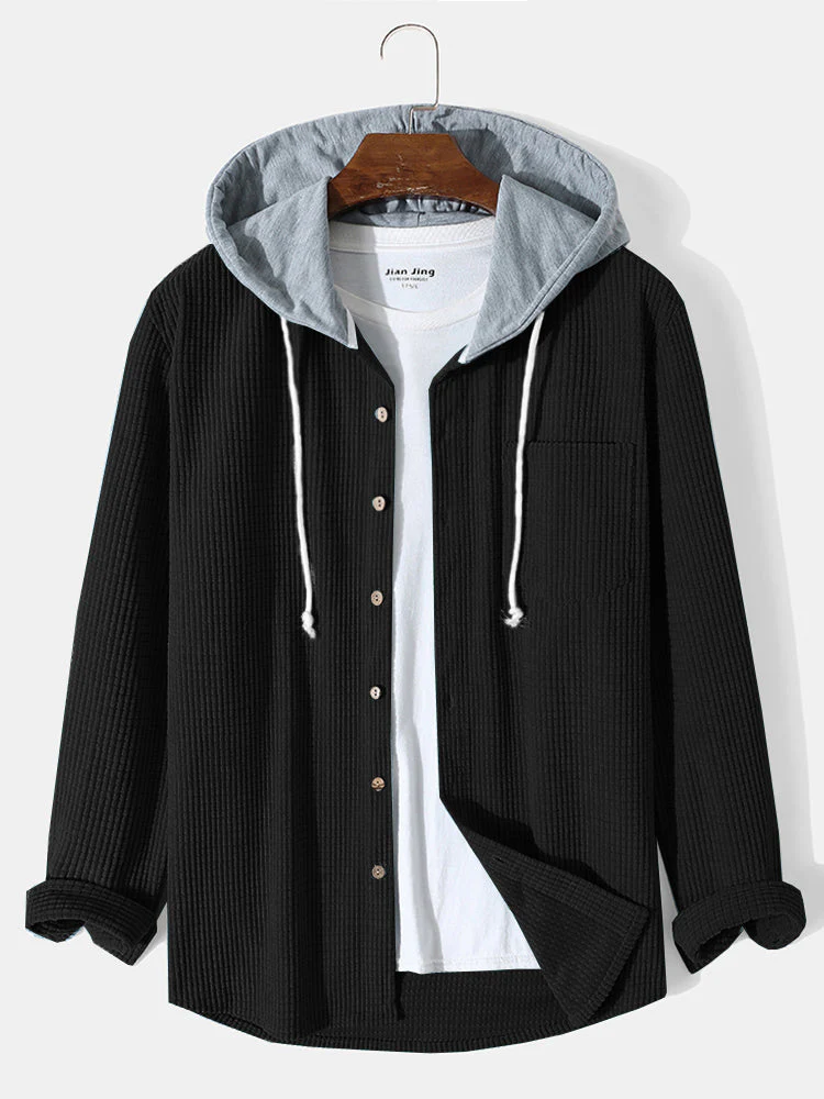 Mens Solid Color Corduroy Long Sleeve Contrast Drawstring Hooded Shirts - Image 4