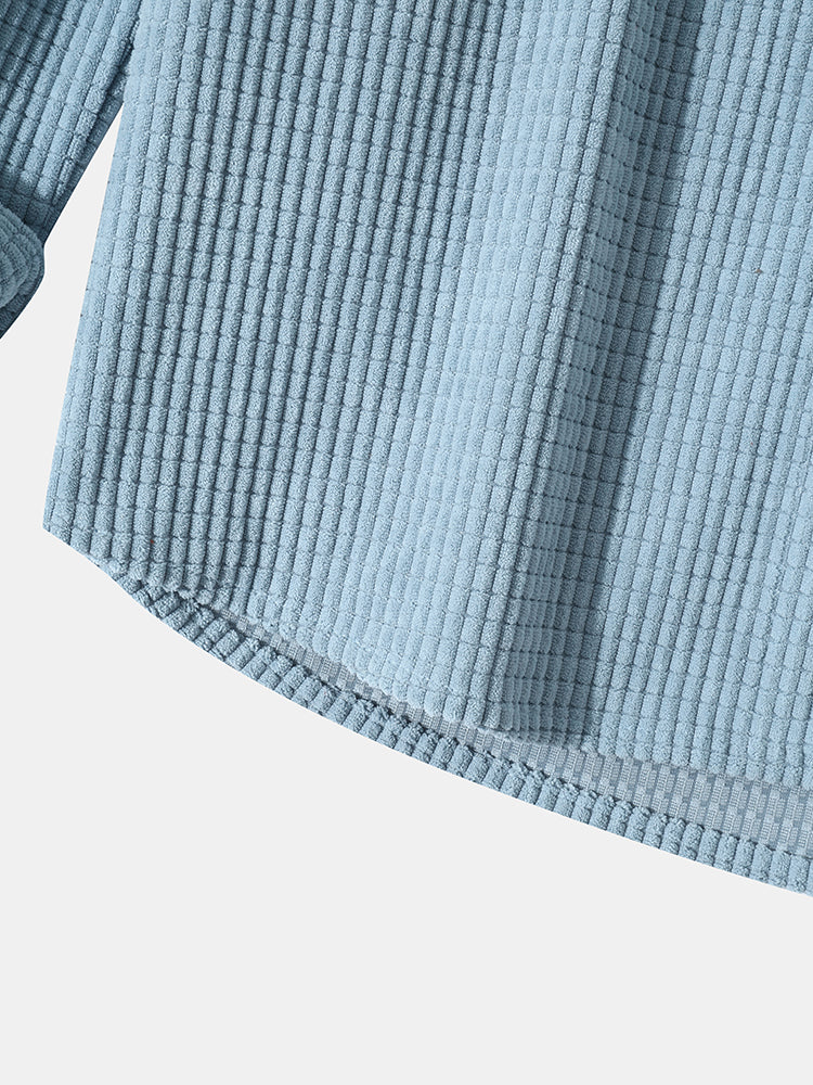 Mens Solid Color Corduroy Long Sleeve Contrast Drawstring Hooded Shirts - Image 8