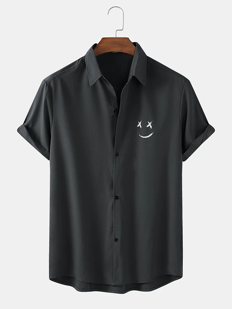 Mens Solid Color Smile Face Print Loose Light Short Sleeve Shirts - Image 3