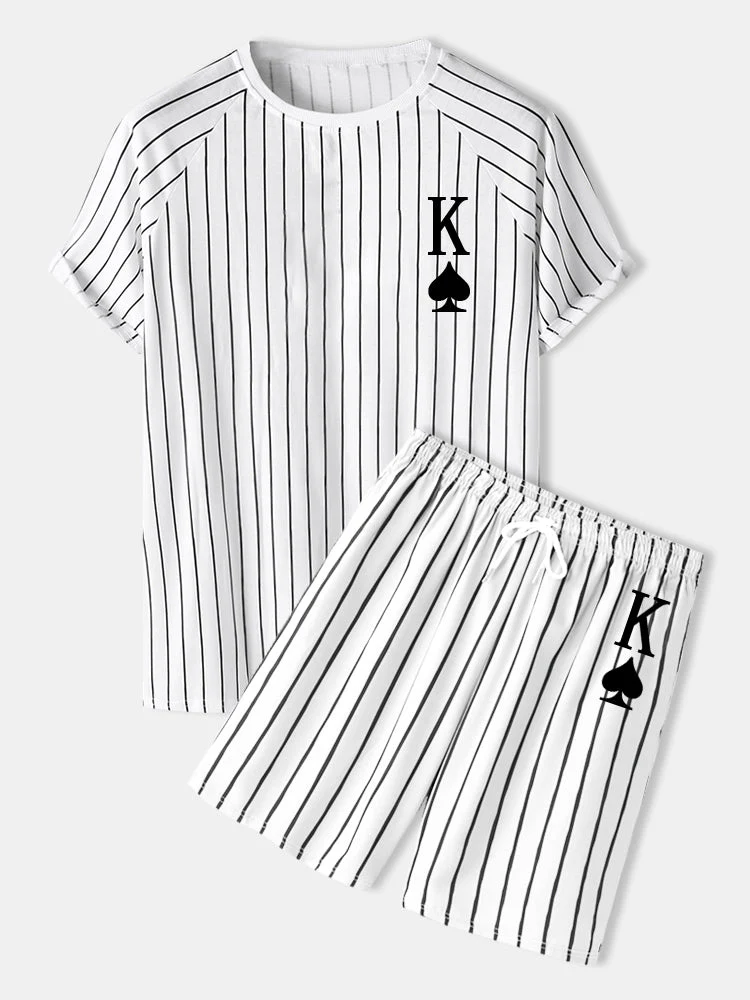 Mens Stripe K Poker Print Raglan Sleeve Casual Two Pieces Outfits - Image 4