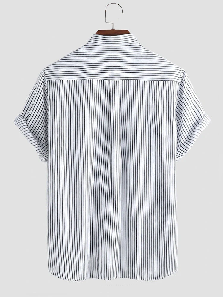 Mens Striped Breathable Stand Collar Short Sleeve Casual Loose Shirts - Image 3
