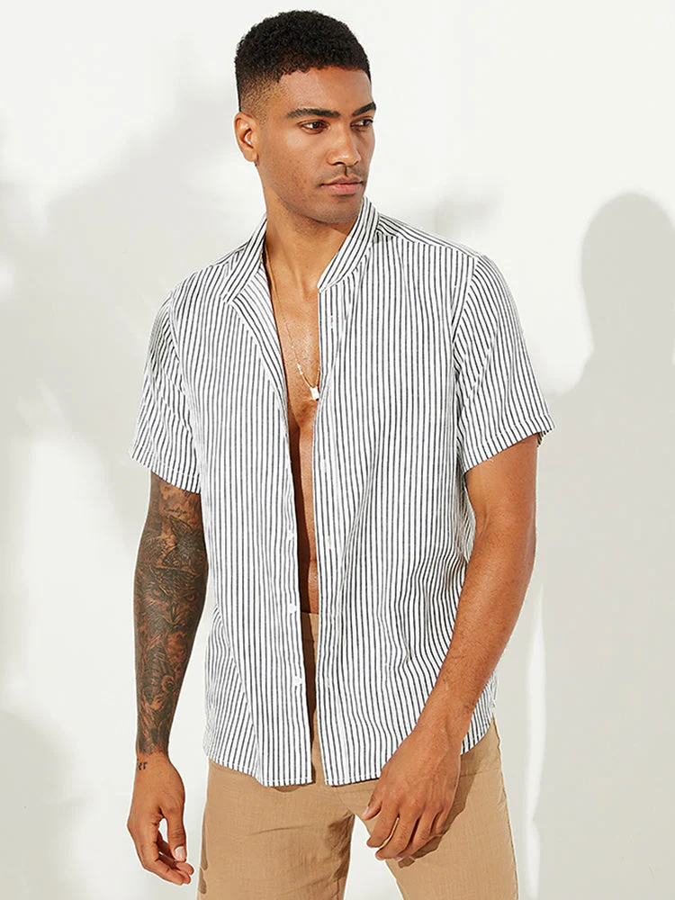 Mens Striped Breathable Stand Collar Short Sleeve Casual Loose Shirts - Image 5