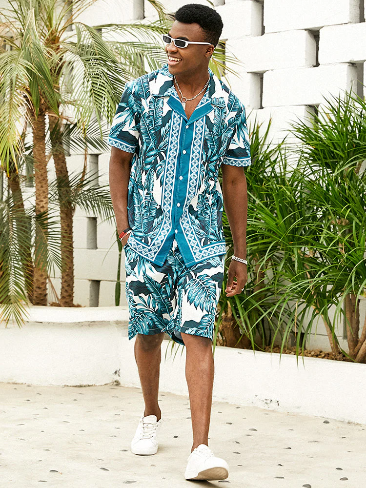 Mens Summer Holiday Revere Collar Tropical Leaf Pattern Baroque Two Piece Outfits - Image 11