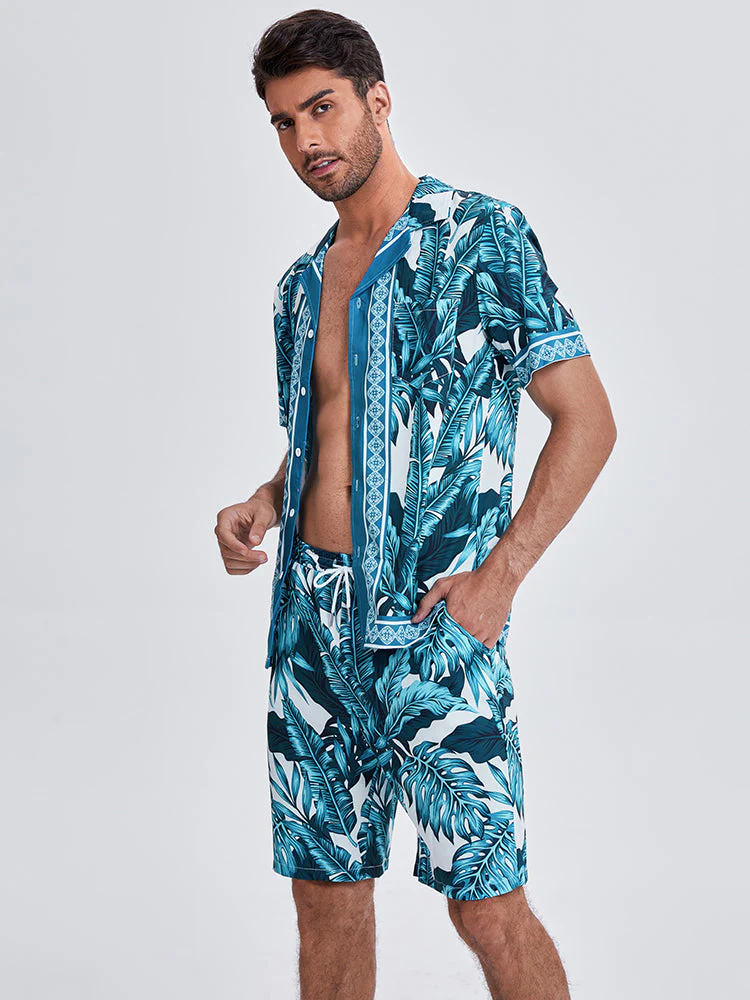 Mens Summer Holiday Revere Collar Tropical Leaf Pattern Baroque Two Piece Outfits - Image 6