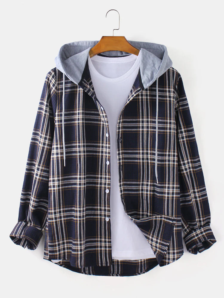Mens Tartan Plaid Button Up Casual Long Sleeve Drawstring Hooded Shirts - Image 3
