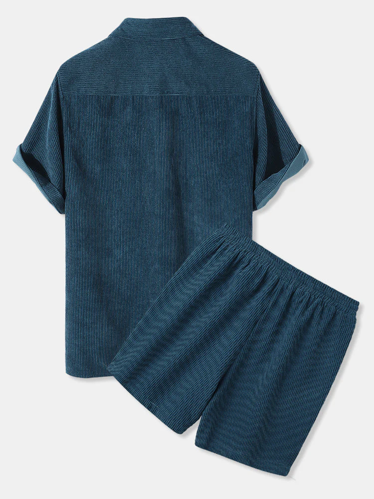 Mens Thin Corduroy Solid Breathable Short Sleeve Shirt & Shorts Set With Pocket SKUH44628 - Image 3