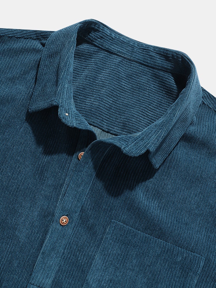 Mens Thin Corduroy Solid Breathable Short Sleeve Shirt & Shorts Set With Pocket SKUH44628 - Image 6