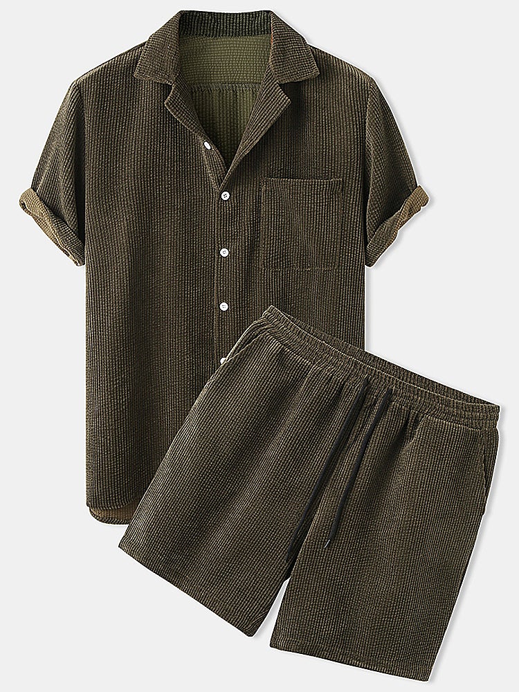 Mens Thin Corduroy Solid Patch Pocket Breathable Short Sleeve Shirt & Shorts SKUF75125 - Image 4