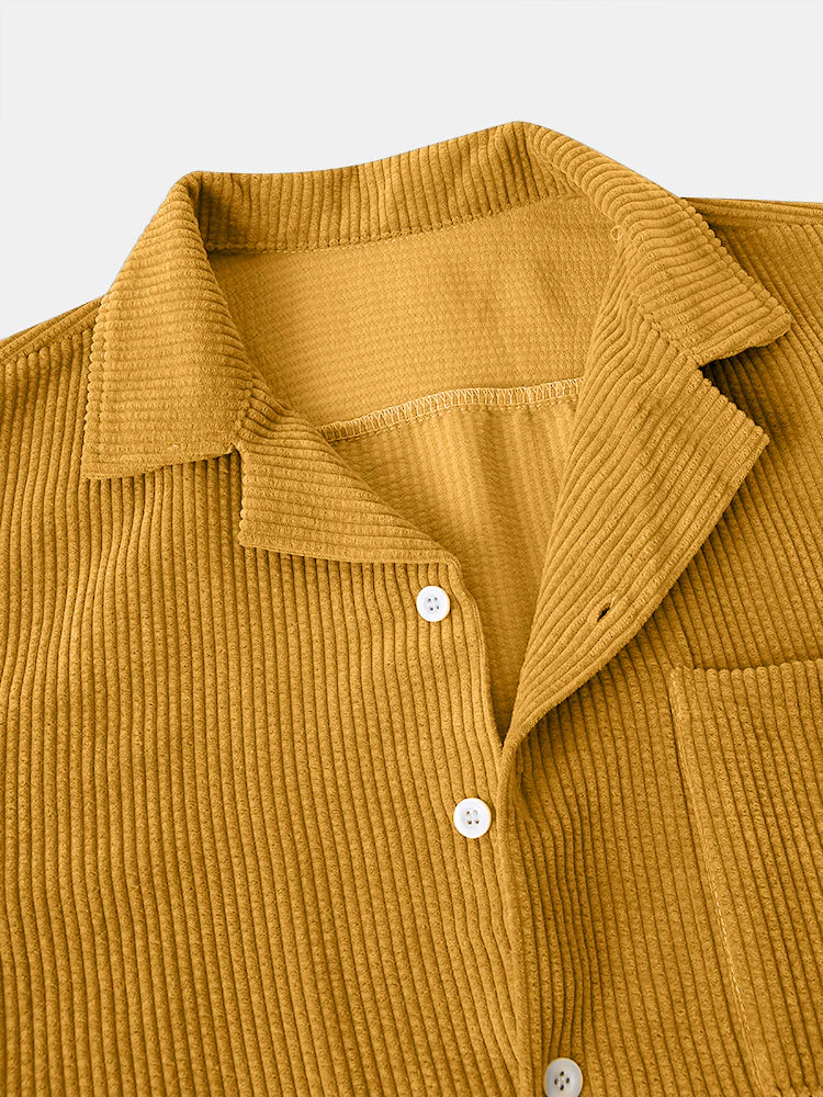 Mens Thin Corduroy Solid Patch Pocket Breathable Short Sleeve Shirt & Shorts SKUF75125 - Image 7