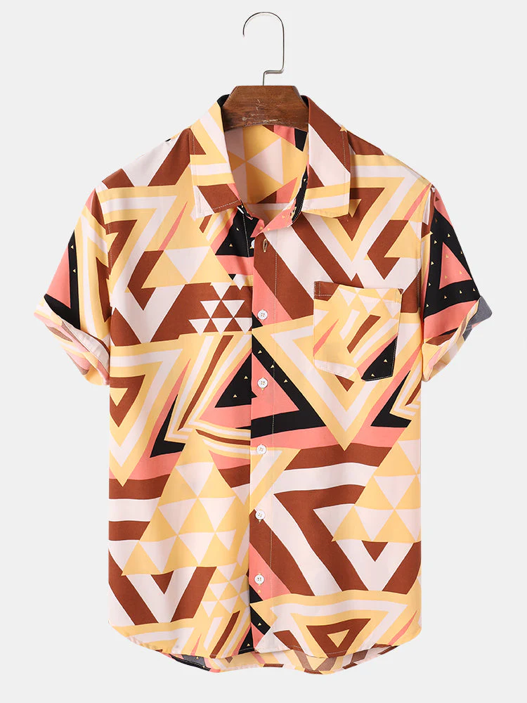 Mens Triangle All Over Print Lapel Street Short Sleeve Shirts - Image 4