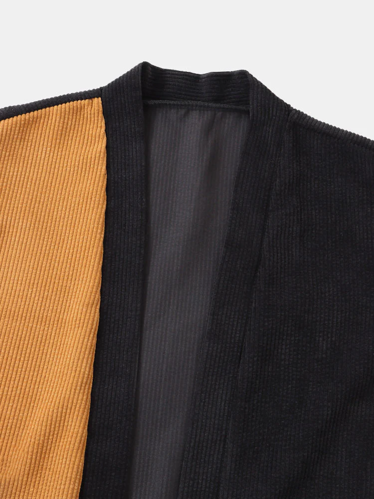 Mens Two Tone Stitching Open Front Corduroy Casual Loose Kimono - Image 3