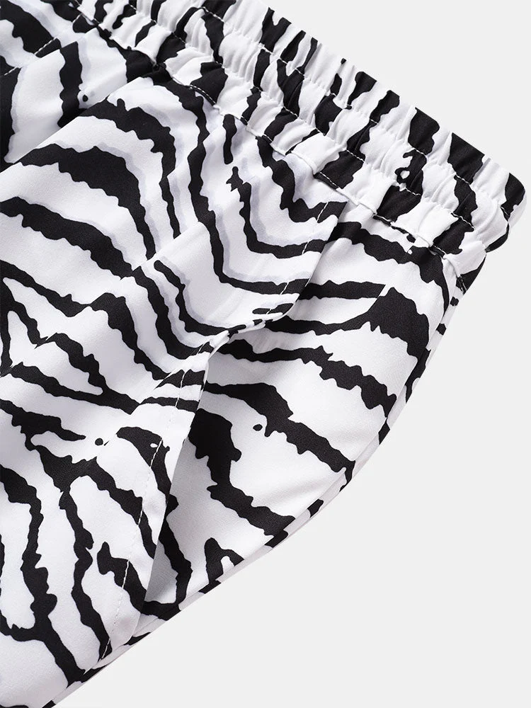 Mens Zebra Pattern Revere Collar Shirt & Drawstring Shorts Two Piece Outfits - Image 10