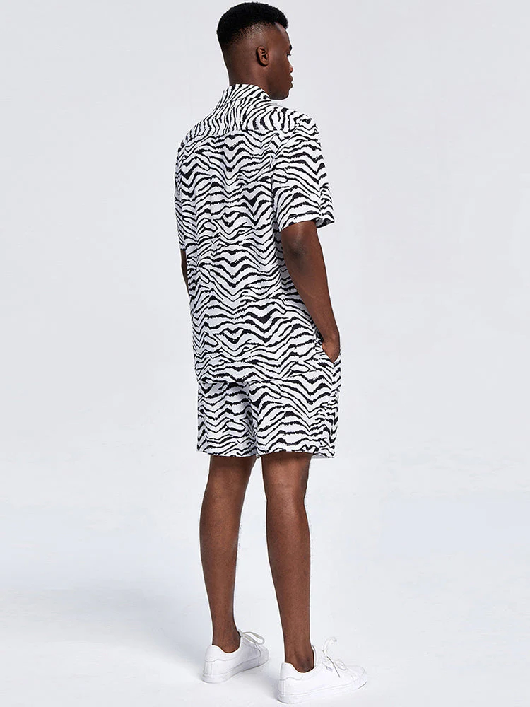 Mens Zebra Pattern Revere Collar Shirt & Drawstring Shorts Two Piece Outfits - Image 6