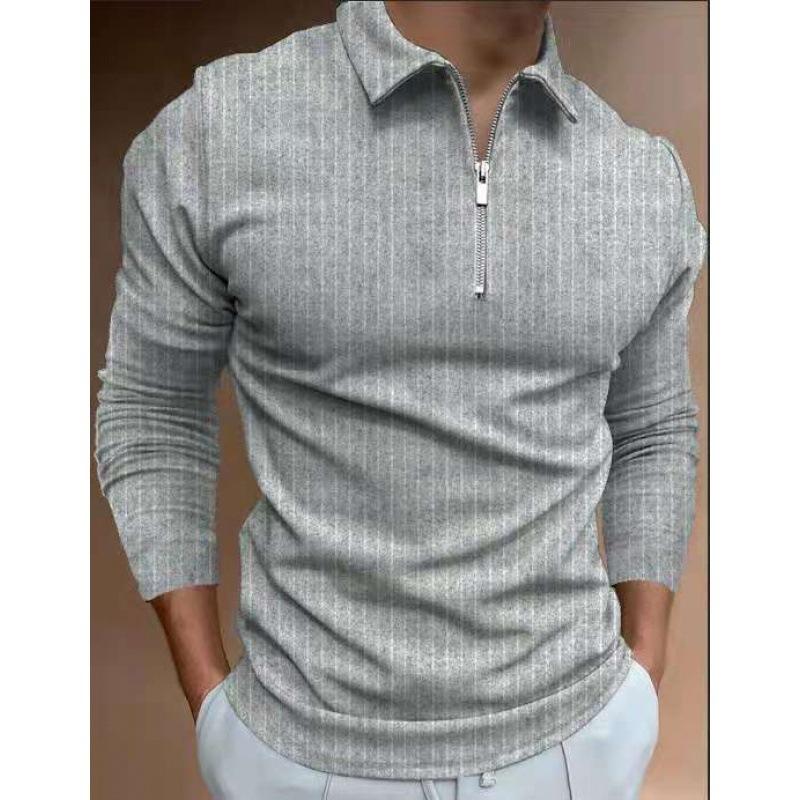 Mens Zip Striped Long Sleeve POLO Shirt - Image 4