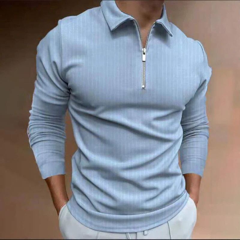 Mens Zip Striped Long Sleeve POLO Shirt - Image 7