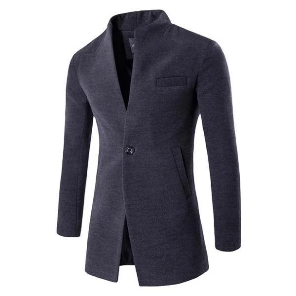 One Button Stand Collar Slim Fit Wool Coat - Image 11
