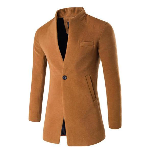 One Button Stand Collar Slim Fit Wool Coat - Image 5