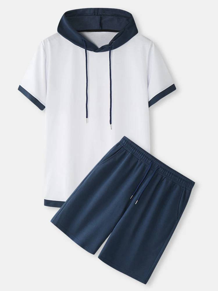 Preppy Style Two Tone Hooded Short Sleeve Drawstring Two Piece Outfits - Image 12