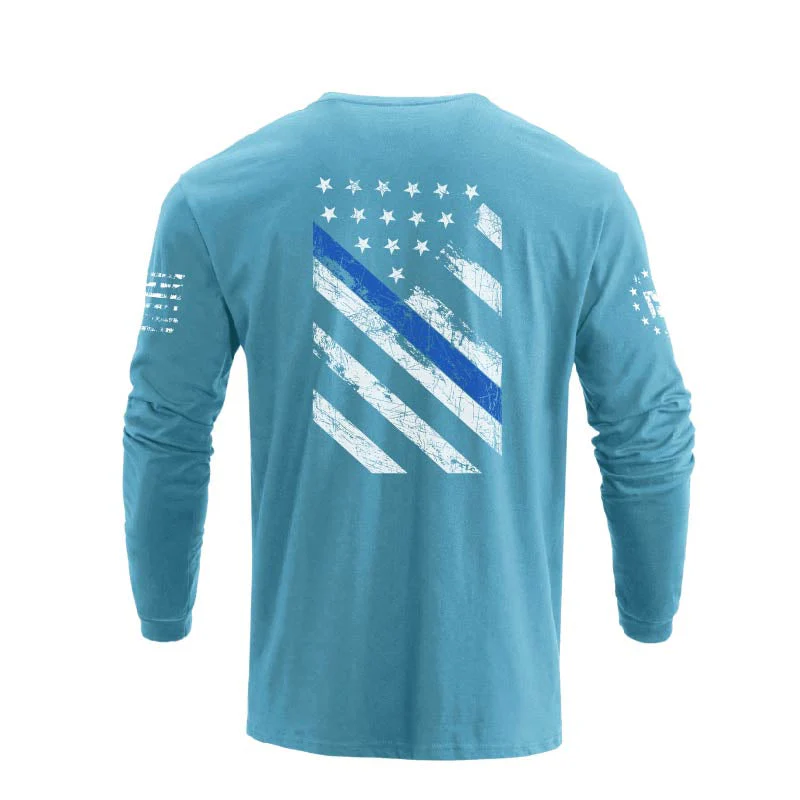 Men's 100% Cotton Blue Line American Flag Graphic Round Neck Long Sleeve T-Shirts - Image 26