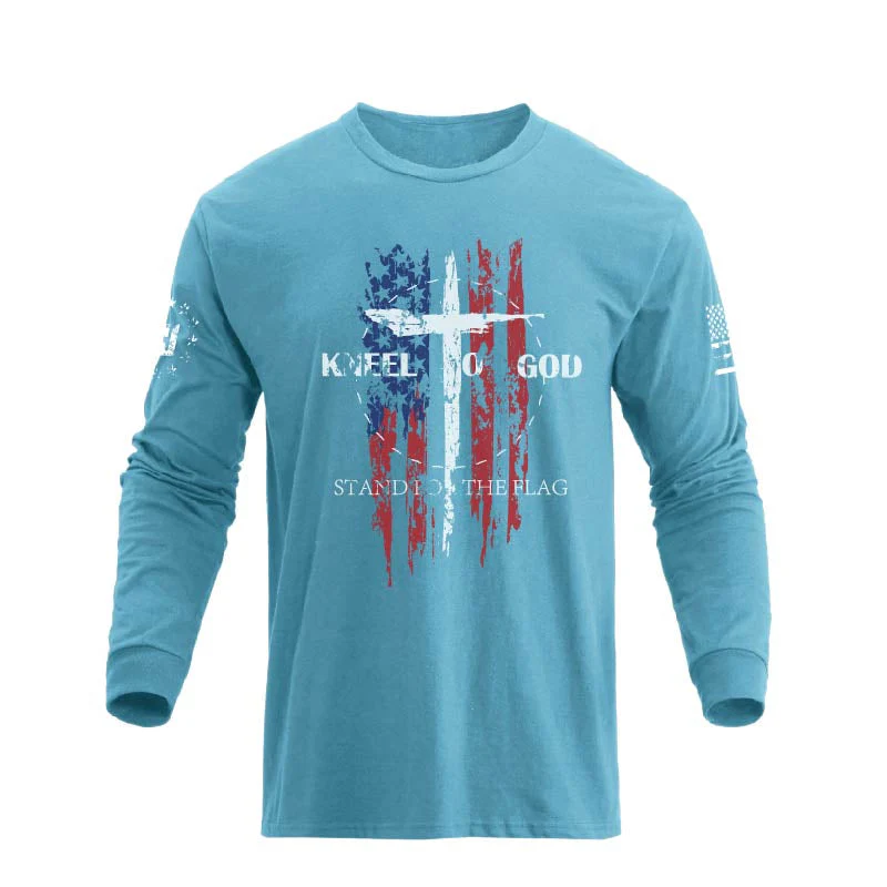 Men's 100% Cotton American Flag with Cross Graphic Round Neck Long Sleeve T-Shirts - Image 15