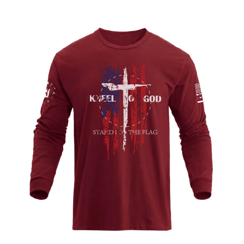 Men's 100% Cotton American Flag with Cross Graphic Round Neck Long Sleeve T-Shirts - Image 21