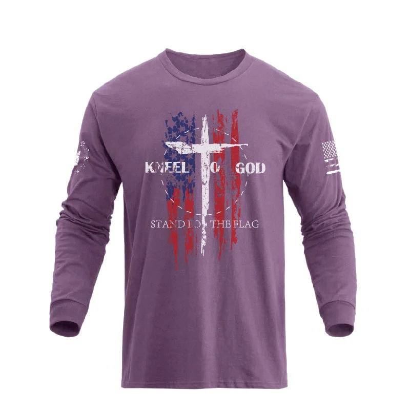 Men's 100% Cotton American Flag with Cross Graphic Round Neck Long Sleeve T-Shirts - Image 50