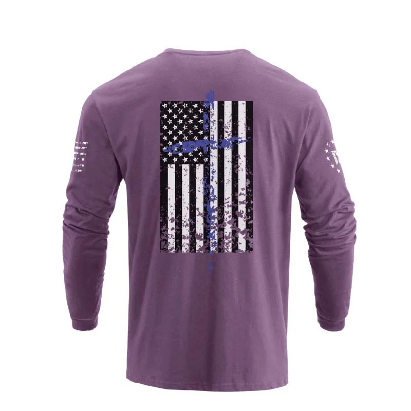 Men's 100% Cotton Patriotic American Flag Cross Graphic Midweight Long Sleeve T-shirts - Image 24